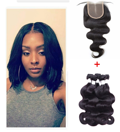 Hot sale natural color three bundles body wave with lace closure